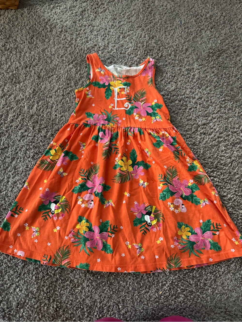 Girls' “E” Orange Tropical Floral Tank Dress - 6X/7